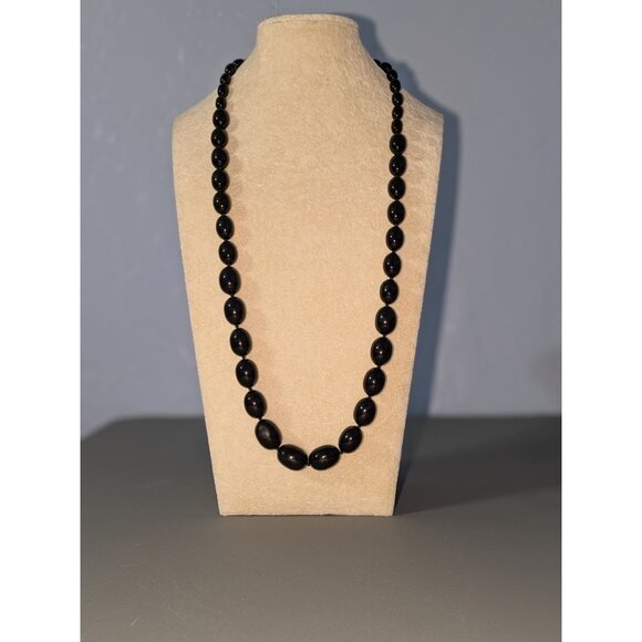 Elegant Black Beaded Necklace Trifari Individually Knotted With Gold-Tone Clasp - Picture 1 of 6